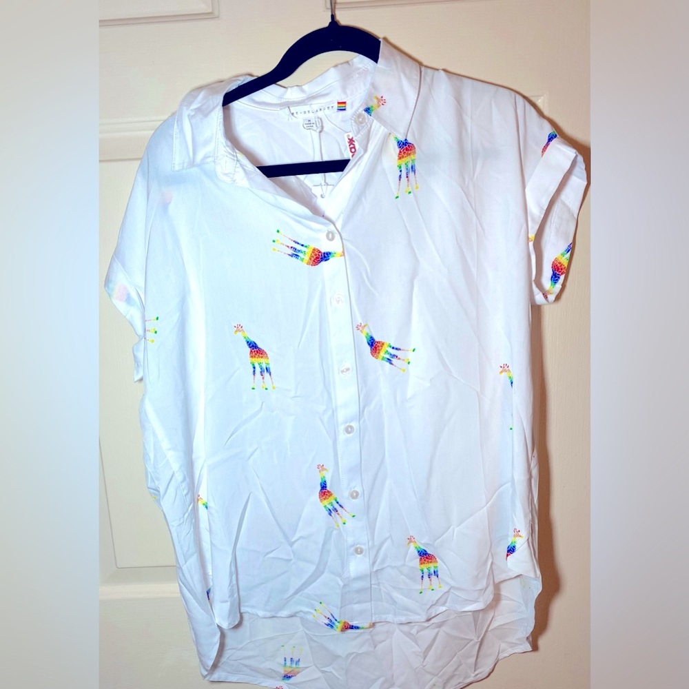 Jane & Delancey Rainbow‎ Giraffes Button Up Shirt Roll Tab Sleeve L